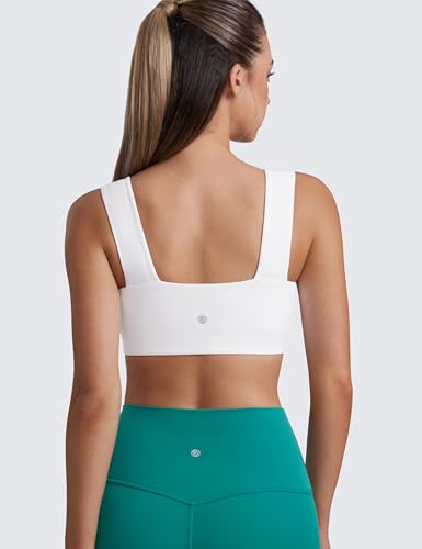 CRZ YOGA Butterluxe Wide Strap Sports Bras | Light Support, Removable Pads, Yoga, Extremely Soft, Square Neck, Front Split Line, for Women - color: White, size: X-Small