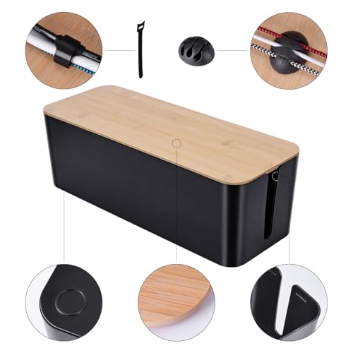 2 Pack Large Cable Management Box – Wooden Style Cord Organizer Box and Cover for TV Wires, Computer, Router, USB Hub and Under Desk Power Strip – Safe ABS Material and Baby-Pets Proof Lock (Black) - color: Black