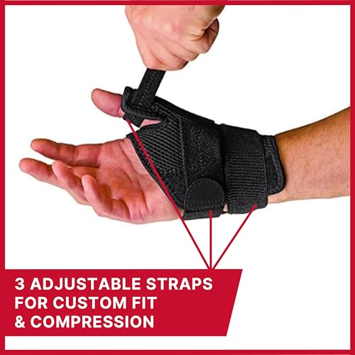 MUELLER Sports Medicine Adjust-to-Fit Thumb Brace, Spica Splint, Thumb Pain Relief Stabilizer for Men and Women, Ideal for De Quervain's Tenosynovitis, Arthritis, Sprains, Fits Right or Left, Black, One Size - size: 1 Count (Pack of 12)