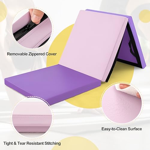 Goplus Folding Gymnastics Mat, 6’ x 2’ x 2’’ Thick Tri-Fold Exercise Tumbling Mat w/Carrying Handles, Hook & Loop Fastener, Gym mats for Home Fitness Yoga Aerobics Workouts Martial Arts - color: Purple + Pink