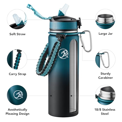 GOSWAG 24oz Insulated Stainless Steel Travel Water Bottle, 2 Lids | with straw and no straw, Paracord handle, Double-wall vacuum keeps drinks cold or hot, Leakproof tumbler - color: Navy Blue-Black Ombré