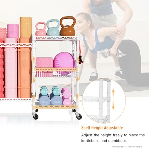 FUTASSI Home Gym Storage, 3 Tiers Workout Equipment Organizer with Wheels for Yoga Mats, Foam Roller, Dumbbells, Kettlebells, and Resistance Bands - color: White, size: Double-Row