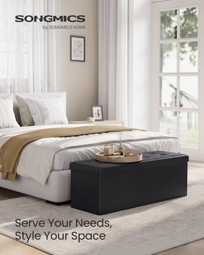 SONGMICS MAZIE Collection - 43 Inches Folding Storage Ottoman Bench, Ottoman with Storage, Foot Rest Stool, Load 660 lb, for Living Room, Synthetic Leather, Black ULSF701 - color: Black, size: 15"D x 43"W x 15"H