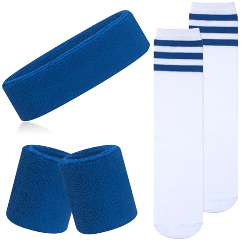 ONUPGO 5 Pieces Kids Sweatbands Soccer Socks Set - Sports Headband, Wristbands, Striped High Socks for Kids, Youth,Toddler & Baby - Football, Basketball, Running, Cycling, Tennis - color: Blue Striped White/Blue