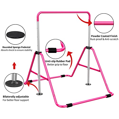 Tepemccu Gymnastics Bars, Adjustable Gymnastic Horizontal Bars for Kids | 5-Height Adjustable 34.8"-50.8", Foldable for Home Training, Include Children Gymnastics Rings and Bar Pad, Indoor Outdoor - color: Pink