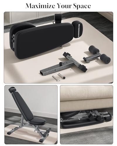 Fitness Bench, Adjustable, Comfortable, Fashionable, Foldable and Extended Headrest with 192 Positions Incline Decline 900LBS Home Gym Bench for Strength Training - color: Black