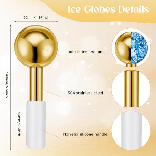 Baderke 2 Pcs Ice Globes for Face Stainless Steel Cooling Globes Unbreakable Cooling Roller Women Ice Balls Cryo Sticks Facials Skin Care for Dark Circles, Puffiness(Gold (White Handle)) - color: Gold (White Handle)