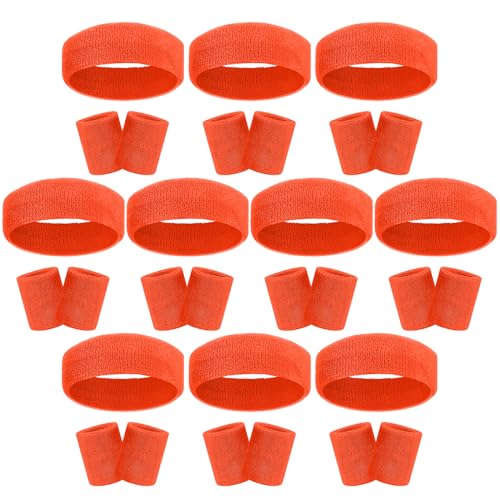 30 Pcs Sweatbands Wristbands Set Absorbent Terry Cloth Headbands Wristbands Neon Color Striped 80s Athletic Sweatbands for Sports Gym Exercise - color: Orange