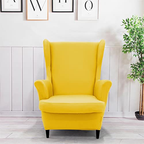 NILUOH Wingback Chair Cover 2-Piece Soft Stretch Wing Chair Slipcover Solid Color Armchair Sofa Couch Cover Furniture Protector with Elastic Bottom for Living Room Bedroom (Lemon Yellow) - color: Lemon Yellow