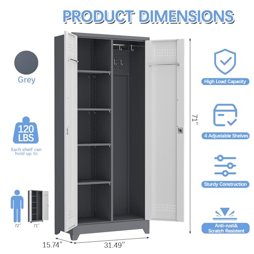 IRONFFICE Metal Storage Cabinets with Doors and Shelves,Tall Broom Closet Storage Cabinet with Pegboard,Utility Tool Cabinets,Steel Locking Cabinets for Home Office,Basement,Laundry,Grey-White - size: 72"H x 31.5"W x 15.74"D-Grey/white