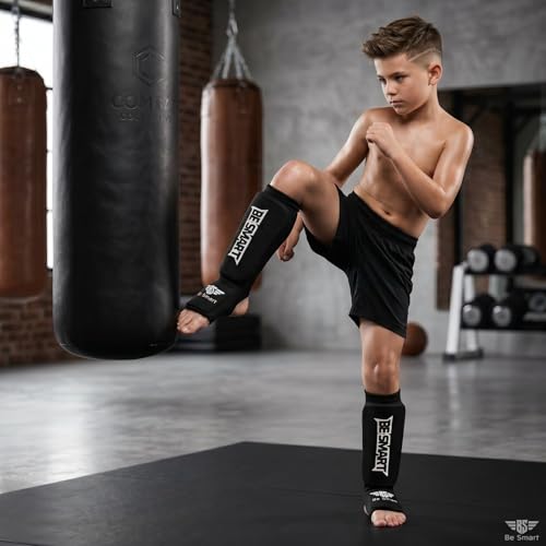 Be Smart Kids, Adults, Youth, Men and Women Muay Thai MMA Kickboxing Shin Guards, Instep Guard Training, Sparring Protective Gear Equipment Shin Kick Pads - color: Black, size: XXS ( 9 to 13 Years )