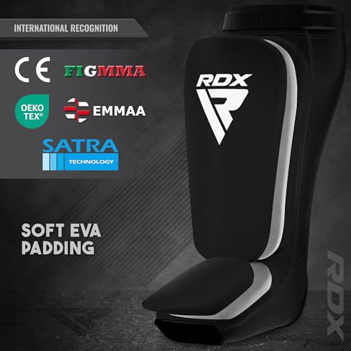 RDX Shin Guards Kickboxing Muay Thai, SATRA Approved, MMA Leg Instep Protection Pads, Sparring Training Martial Arts Boxing, Elasticated Padded Protector, Karate BJJ Taekwondo Gear, Men Women - color: Black, size: Large