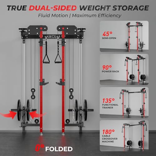 Mikolo Folding Squat Rack, Wall Mounted Power Rack with Cable Crossover Machine & LAT Pull Down, Functional Trainer with 5 Adjustable Function Modes, Home Gym Package - color: Red, size: WR00 SlimFold (Rack Only)