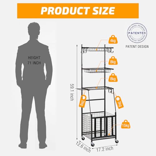 PLKOW Sports Equipment Storage for Garage, Indoor/Outdoor Sports Rack for Garage, Ball Storage Garage Organizer with Basket and Hooks,Toy/Sports Gear Storage - color: Black, 17.2"L x 12.6"W x 59"H