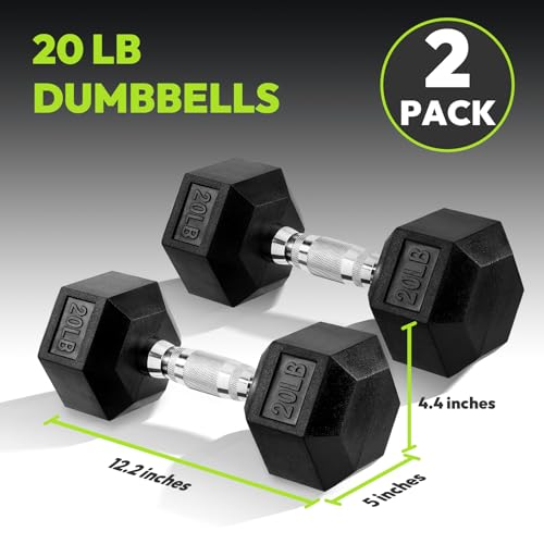 HANDBODE Hex Dumbbell Set of 2, Rubber Encased Fixed Dumbbells, 2.5-65 lb | Non-Slip Comfortable Handles, Hand Weights for Strength Training, Ideal for Home Gym Workouts - size: 20 lb, Pair, style: Chrome Handle