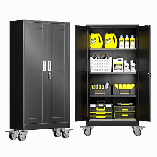 GAIOUS Metal Garage Storage Cabinet with Lock, 61” Tall Lockable File Cabinet with Wheels, Steel Tool Cabinet with 2 Door and 3 Adjustable Shelves, Rolling Cabinet for Home Office Garage Gym - Black - color: Black, size: 13.78"D x 27.56"W x 61.02"H