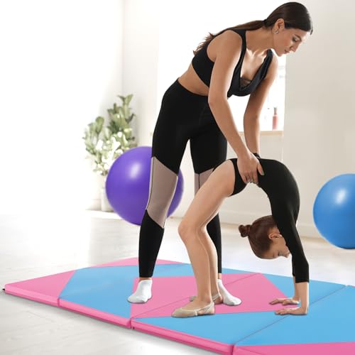 Goplus Gymnastics Mat, Folding Tumbling Mat with Carry Handles, Hook & Loop Fasteners, 4 Panels for Fitness Exercise Yoga Stretching Aerobics Workouts, Thick Gym Mats for Home - color: Blue&Pink