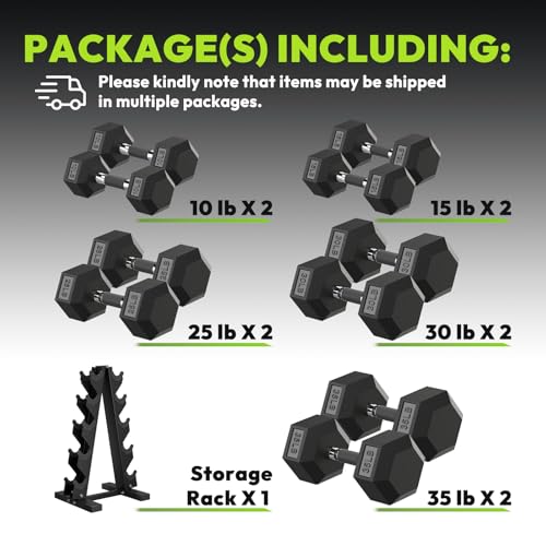HANDBODE Hex Dumbbell Set with Vertical Storage Rack, 100–550 lb | Non-Slip Handle Design for Secure Grip, Rubber Encased Dumbbells, Hand Weights for Strength Training and Home Gym - style: 230 lb (10, 15, 25, 30, 35 lb) X 2 & Rack