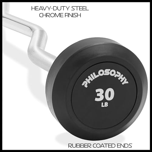 Philosophy Gym Rubber Fixed Barbell, Pre-Loaded Weight EZ Curl Bar for Strength Training & Weightlifting - style: 30 LB