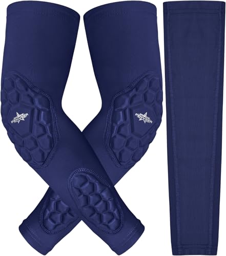 Compression Padded Arm Sleeves for Youth & Adults - Elbow & Forearm Support - Breathable Football Padded Sleeves - color: Navy, size: Adult Small