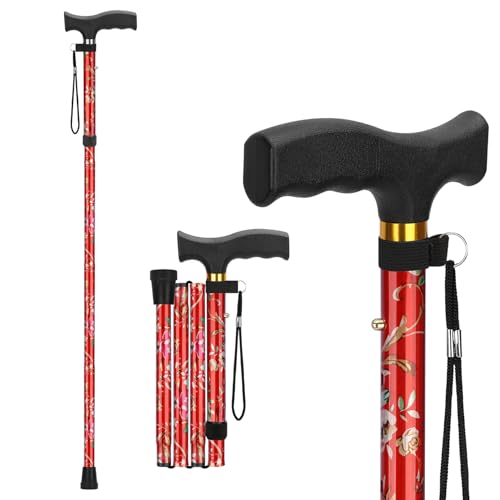 supregear Folding Cane, Lightweight 5-Level Adjustable Walking Stick with Wrist Strap and T-Handle, Portable Mobility Aid for Elderly and Disabled Men and Women - color: Floral Red