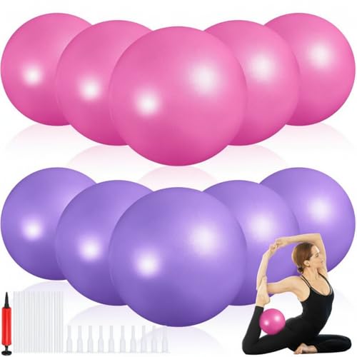 Aoriher 10 Pack 9 Inch Small Pilates Ball Bulk Mini Exercise Ball Portable Non-Slip Workout Yoga Balls with Air Pump for Stability, Barre, Fitness, Balance, Physical &Core, Gym Home Office Use - color: Pink, Purple
