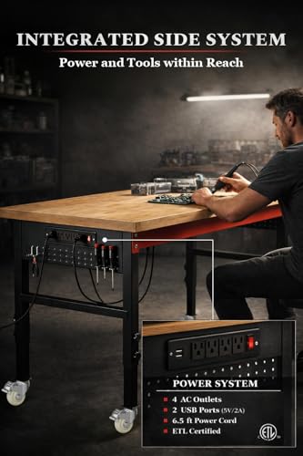 60" Heavy Duty Workbench, 2500 LBS Load Capacity Work Bench with 1.2" Laminated Oak Wood Top & Reinforced Steel Frame, Adjustable Height Work Table for Garage, Workshop, Office, Home (Casters) - size: 60"丨Casters