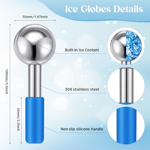 Baderke 2 Pcs Ice Globes for Face Stainless Steel Cooling Globes Unbreakable Cooling Roller Women Ice Balls Cryo Sticks Facials Skin Care for Dark Circles, Puffiness(Silver (Blue Handle)) - color: Silver (Blue Handle)