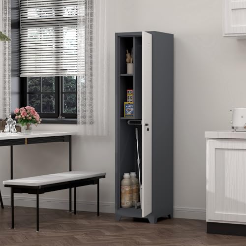 IRONFFICE Slim Cabinet,Narrow Broom Closet Storage Cabinets with Doors,Narrow Utility Closet with Hanging Rod,Slim Laundry Storage Cabinet for Garage,Living Room,Grey-White - size: 15.75"D x 15.75"W x 64.96"H-Grey/white