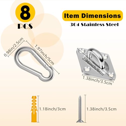 8 Pack 2.31 Inches Pad Eye Hooks,304 Stainless Steel Pad Eye Hanging Hooks for Porch Swing Hang, Heavy Duty Hanging Hardware with Screws for Outdoor/Indoor Use. Sliver