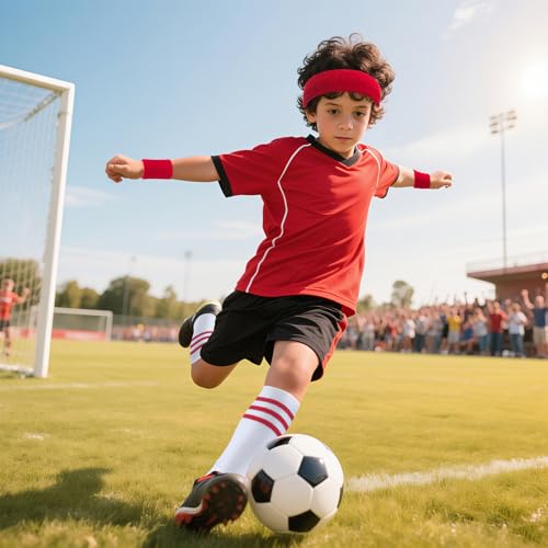 ONUPGO 5 Pieces Kids Sweatbands Soccer Socks Set - Sports Headband, Wristbands, Striped High Socks for Kids, Youth,Toddler & Baby - Football, Basketball, Running, Cycling, Tennis - color: Red Striped White/Red