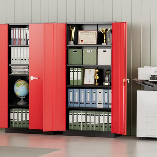 INTERGREAT Metal Storage Cabinet,72" Steel Lockable File Cabinet with Locking Doors and Adjustable Shelves,Locking Tool Cabinets for Office,Home,Garage,Gym,School (Black Red) - color: Black Red, size: MSC-D18