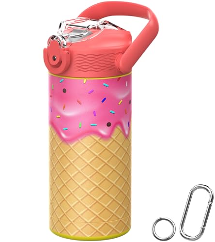 MYFOREST 14oz/400ml Insulated Kids Water Bottle, Odor-free Liner, 3D Touch | No Plastic Taste, Surgical Steel - No Chemical Leaching, Name Spot, Soft Sipper, Gift for Sweet Tooth, Strawberry Ice Cream - color: Strawberry Ice Cream
