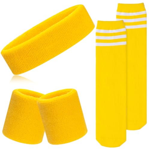 ONUPGO 5 Pieces Kids Sweatbands Soccer Socks Set - Sports Headband, Wristbands, Striped High Socks for Kids, Youth,Toddler & Baby - Football, Basketball, Running, Cycling, Tennis - color: Yellow