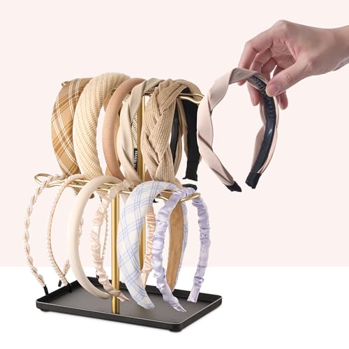 Headband Holder Organizer, 2-Tier T-bar Storage Stand with Tray for Hair Accessories Hairband Hair Clip, for Girls Women, Gold & Black - color: Black-gold