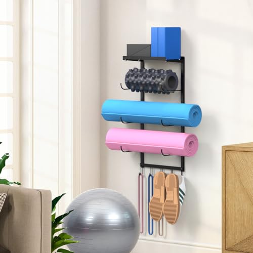 Yoga Mat Holder Wall Mount for Home Gym Accessories Storage | Yoga Mat Storage Rack & Organizer with Metal Shelf and 5 Hooks for Strap, Resistance Bands - Space Saving Gym Accessories