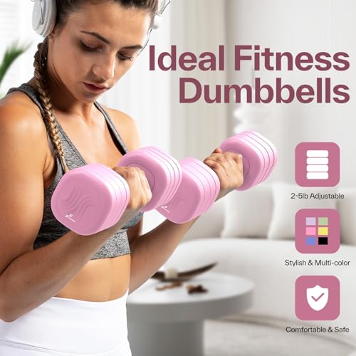 Adjustable Dumbbell Set of 2: Sportneer 4 in 1 Free Weights Dumbbells Set for Women, Hand Weights for Women at Home, Available in 5 lb × 2 and 10 lb × 2 Sets with Soft Rubber Handle for Home Gym Exercise Training - color: Wild Rose, size: 5lb × 2
