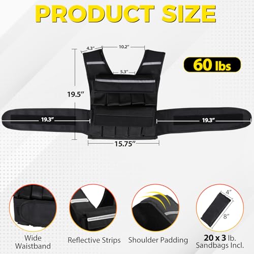 F2C Adjustable Weighted Vest 30lb / 40lb / 60lb, Removable Sandbag Weight Vest for Men Women, Running Walking Rucking, Strength & Fitness Training Vest with Reflective Strips - size: 60 lbs