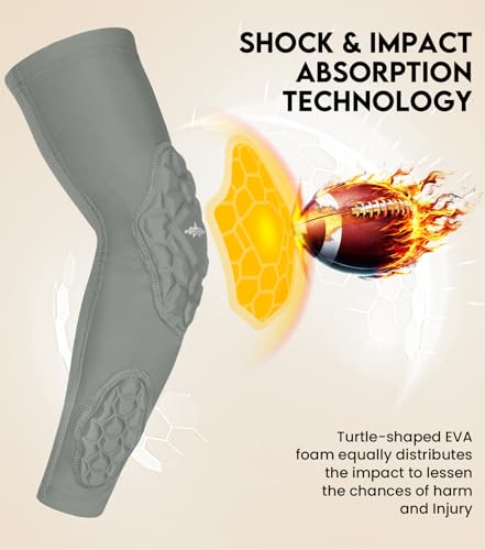 Compression Padded Arm Sleeves for Youth & Adults - Elbow & Forearm Support - Breathable Football Padded Sleeves - color: Grey, size: Adult Small