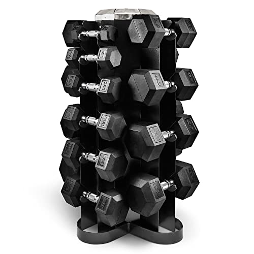 WF Athletic Supply Rubber Coated Hex Dumbbell Set, Multiple Choices Available - Dumbbells with Rack Stand and Mat, or Dumbbells Only (200/550/1200/2100/3000 LB) - color: f. 5 - 50LB w/ 4-Sided Vertical Rack (No Mat)