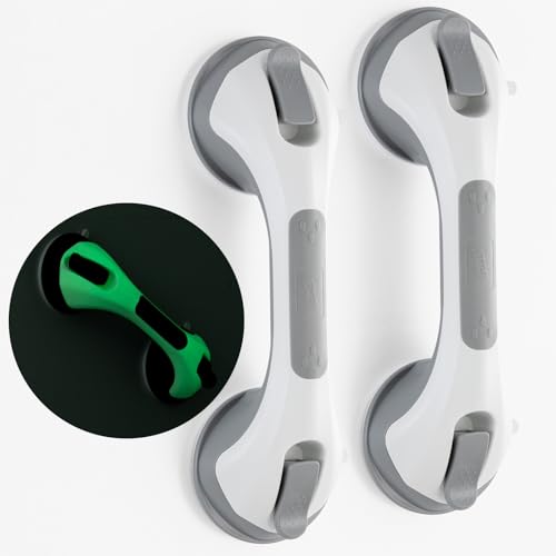 TAILI Shower Grab Bar Glow in The Dark, 2 Pack 12.2 in Grab Bars for Bathtubs and Showers,Shower Handles Rails for Seniors and Elderly,Bathroom Safety Grip Removable No Drilling Waterproof Grey,G9 - color: Grey& Glow Green, size: 12.2"