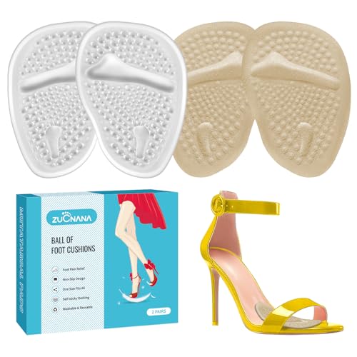ZUCNANA Ball of Foot Cushions, Metatarsal Pads Women (2 Pairs), Non-Slip Heel Inserts for Women, Gel Heel Cushions for Foot Pain Relief and Comfort | One Size Fits Any (Beige & Clear) - color: Beige + Clear