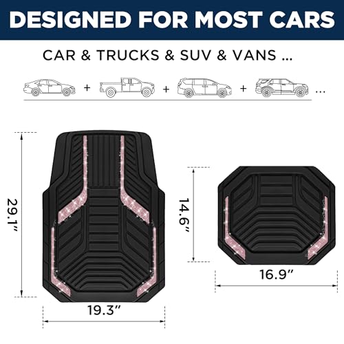 PIC AUTO Car Floor Mats, Pink Sparkly Crystal Bling Glitter Car Mats Set, Front and Rear Heavy Duty Rubber Car Mats with Anti-Slip Backing, All Weather, Trim-to-Fit for SUVs, Trucks, Sedan, Vans - color: Pink Glitter