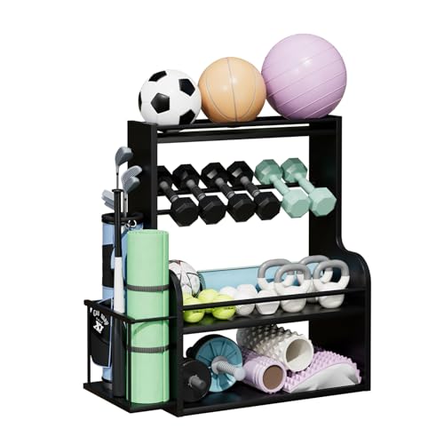 APRTAT Bamboo Dumbbell Rack, Adjustable Weight Rack for Home Gym, All-in-One Workout Equipment Storage for Dumbbells, Kettlebells, Yoga Mats & Balls - color: Black