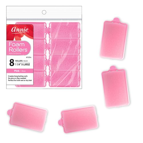 Annie Foam Hair Rollers X-Large 1 1/4 Inch, 8 Count Pink Soft Sponge Curlers for Heatless Curls & Waves, No Pins or Clips Needed, For Wet or Dry Hair, Long-Lasting Hold - color: Pink