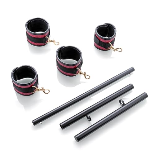 Spreader Bar Heavy Duty Stainless Steel Expandable Silver Bar Home Gym with 4pcs Furry Purple Adjustable Straps,Sports Aid Training Fitness Gear Pilates Aid Kit - style: Black+PU Embossed Red