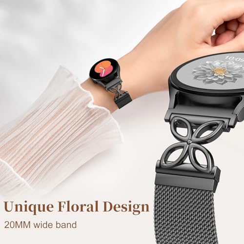 Getino Magnetic Metal Band Compatible with Galaxy Watch 7 Band 6 5 4 FE Active 2 40mm 44mm/Galaxy Watch 5 pro 45mm/Classic, Floral Dressy Milanese Strap for Samsung Watch Bands Women Stainless Steel - color: Black