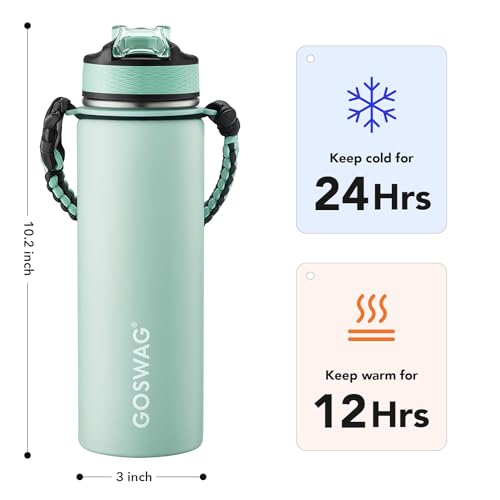 GOSWAG 24oz Insulated Stainless Steel Travel Water Bottle, 2 Lids | with straw and no straw, Paracord handle, Double-wall vacuum keeps drinks cold or hot, Leakproof tumbler - color: Matte Mint