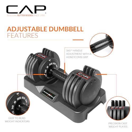 CAP ADJUSTABELL Adjustable Dumbbell Set, Premium Quick Select Adjustable Weights for Strength Training, Singles & Pairs, 12.5 LB, 25 LB & 55 LB, Round & Hex Dumbbells, Multiple Grip Handle Options - size: 25 lb - Honeycomb Black Handle, style: Single