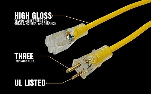 Southwire Yellow Jacket Heavy Duty Extension Cord - Reliable Outdoor Power for Tools & Equipment - Lighted End with Weather Resistant SJTW Jacket - 25 Foot - size: 25 ft
